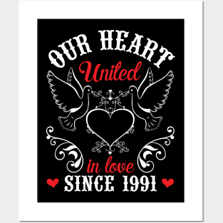 Husband Wife Our Heart United In Love Since 1991 Happy Wedding Married 29 Years Anniversary Posters and Art